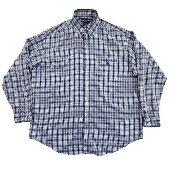 Ralph Lauren Blaire Polo Shirt Men's XL Navy Blue Plaid Long Sleeve BU EUC - Picture 1 of 14